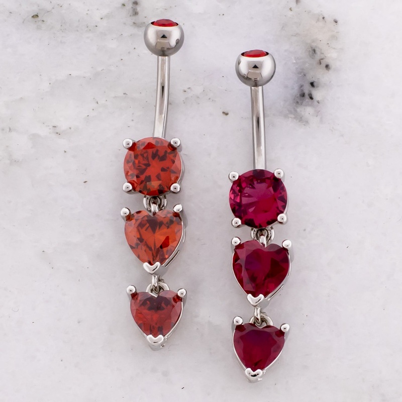 14G Triple Gem Heart Navel Ring Red