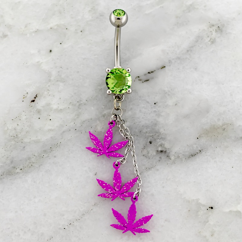 14G Triple Pink Pot Leaf Dangle Navel Ring Pink