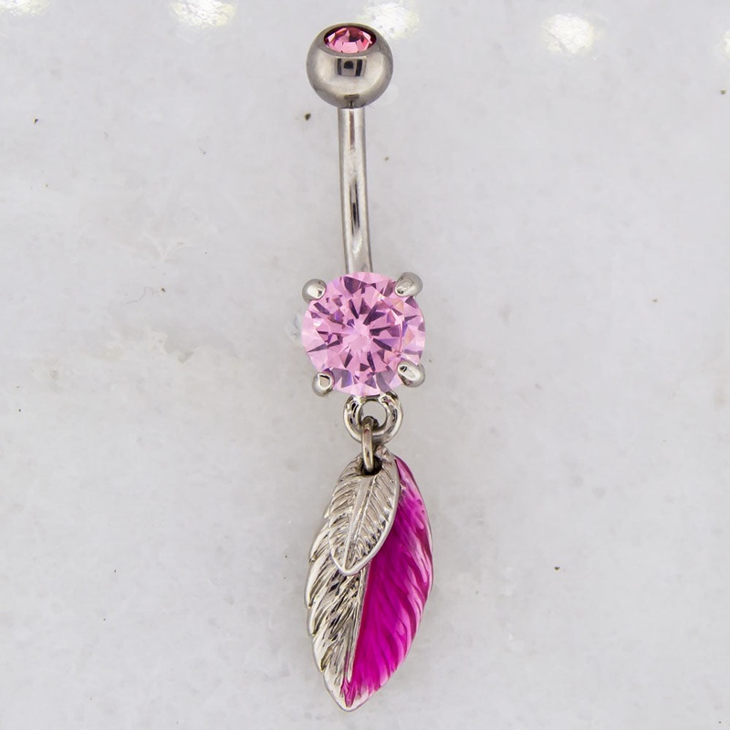 14G Two Toned Pink Feather Navel Ring Pink