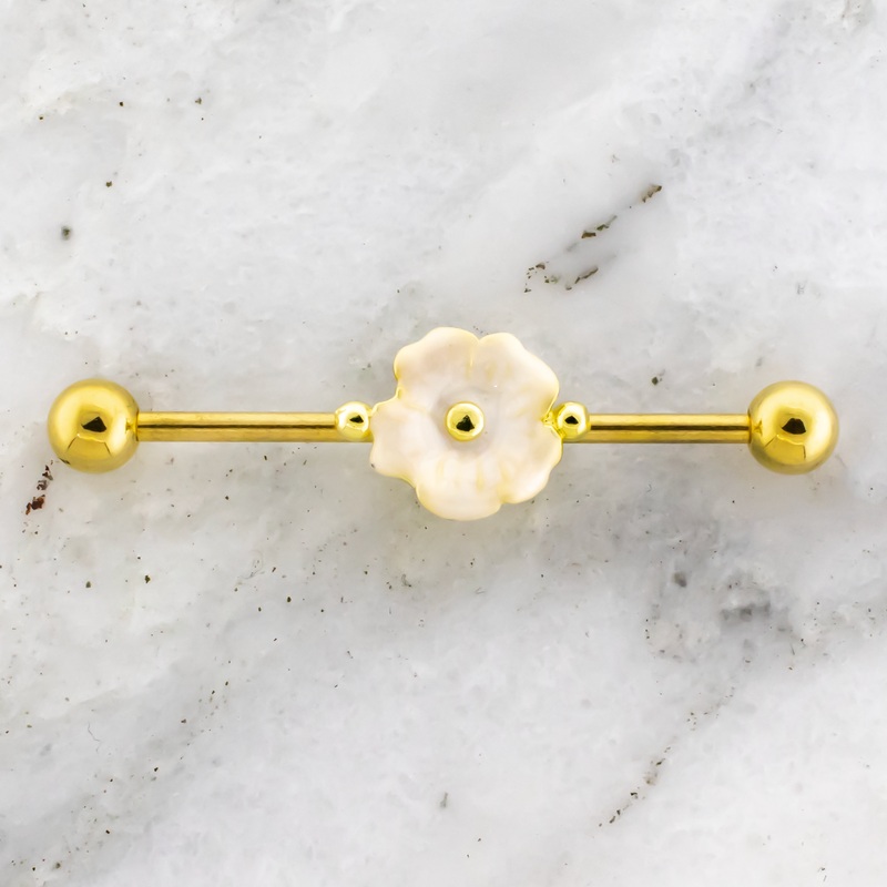 14G White Flower Industrial Barbell Gold