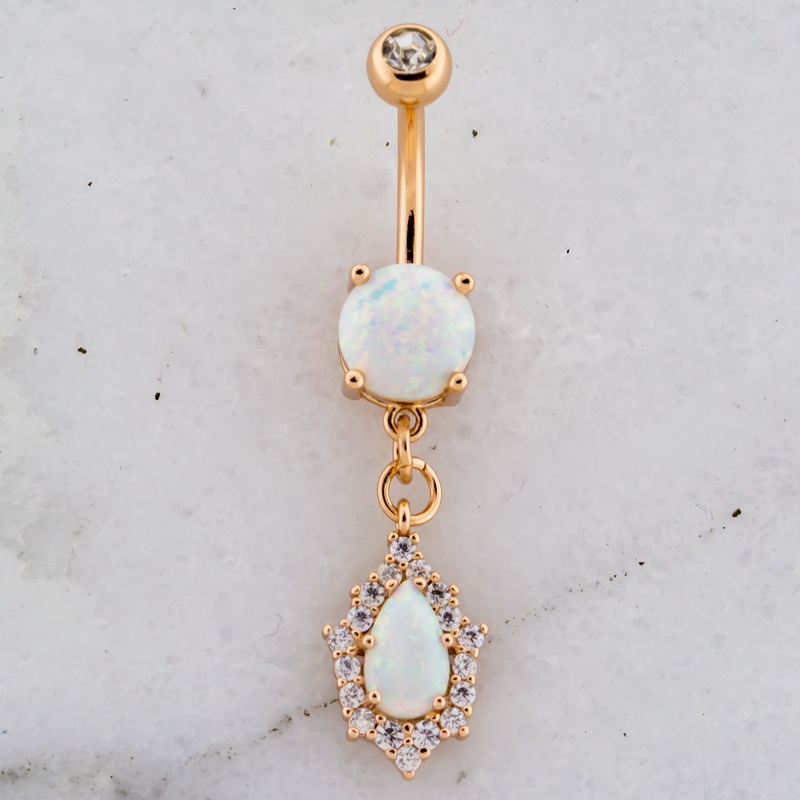 14G White Opal with Clear Gems Navel Ring Rose Gold