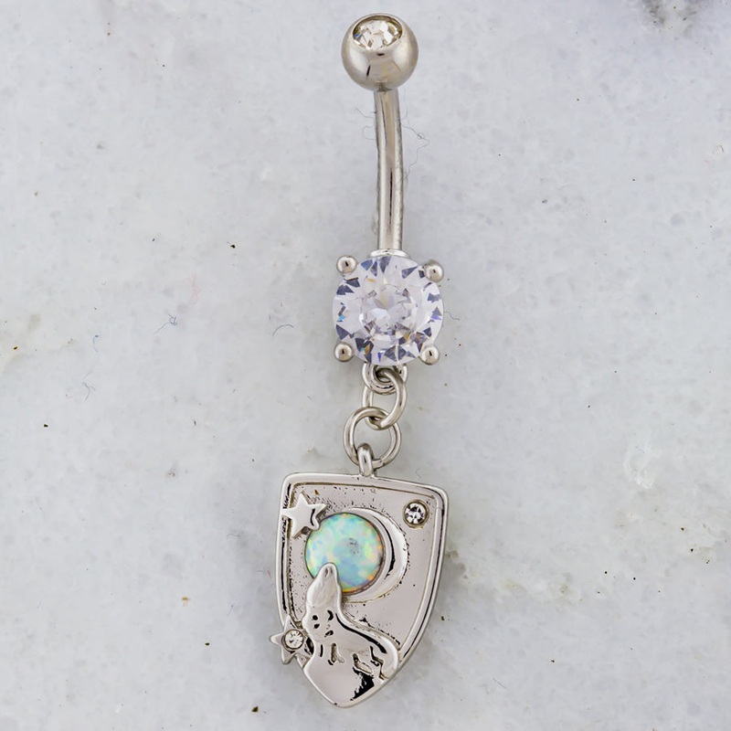 14G Wolf Howling at Moon Navel Ring High Polish