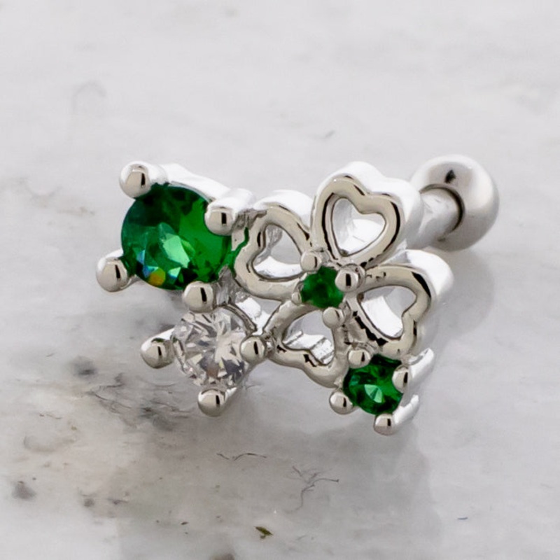 16G Cutout Clover With Gems Cartilage Barbell High Polish