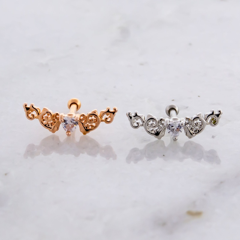 16G Heart Filigree Cartilage Barbell Rose Gold