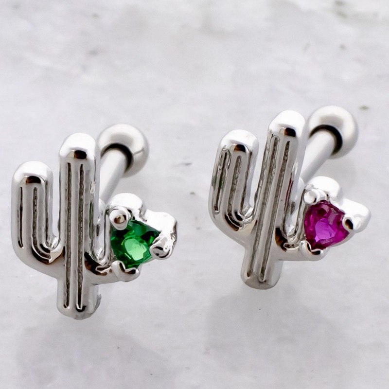 16G Heart Gem Cactus Cartilage Barbell Pink