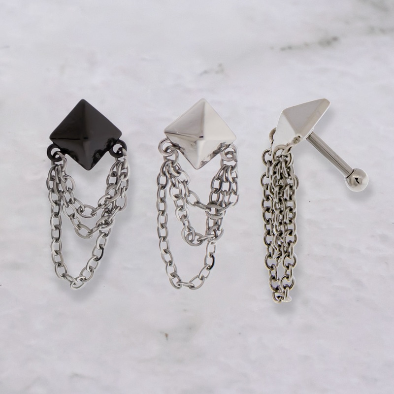 16G Pyramid Stud Chain Cartilage Barbell Black