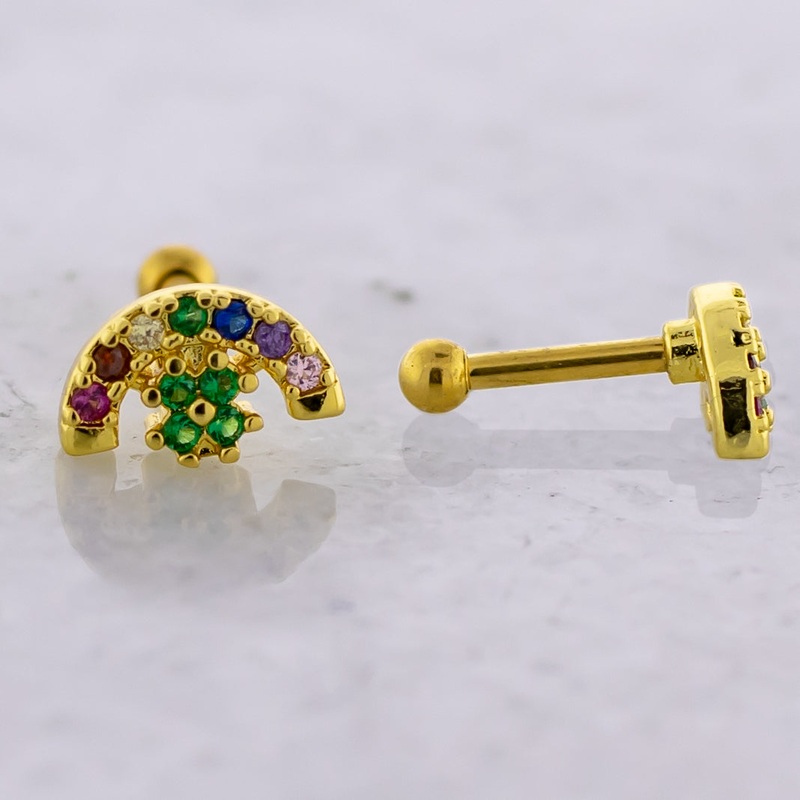 16G Rainbow and Clover Cartilage Barbell Gold