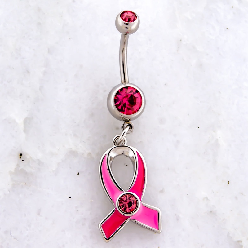 14G Breast Cancer Awareness Pink Ribbon Gem Charm Navel Ring Pink