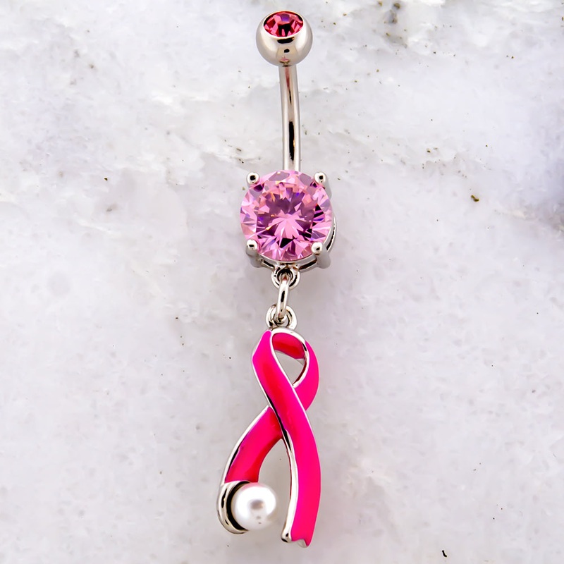 14G Breast Cancer Awareness Ribbon with Pearl Navel Ring Pink