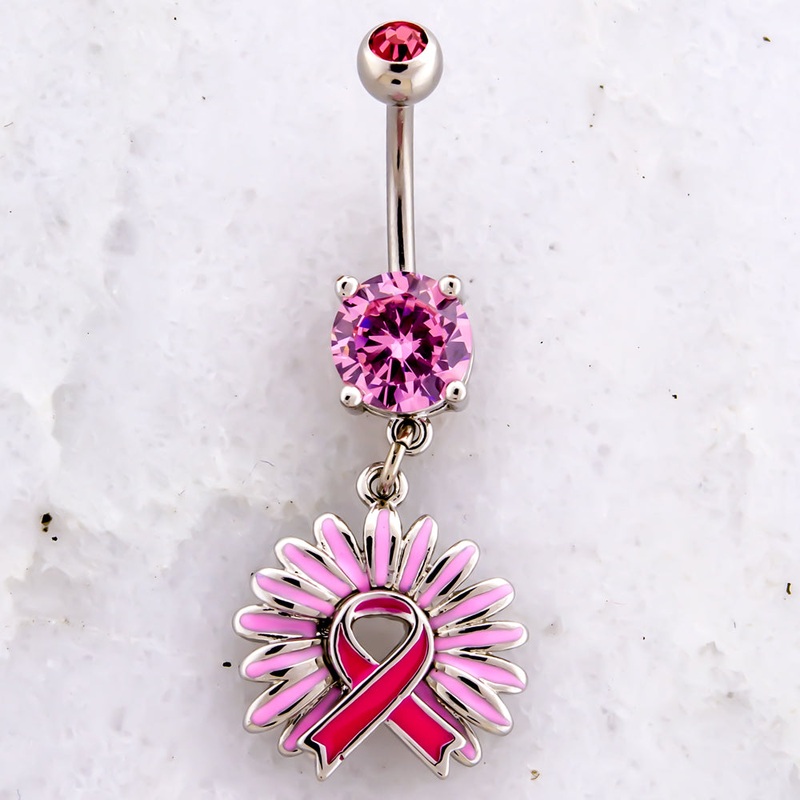14G Breast Cancer Awareness Sunflower Ribbon Navel Ring Pink