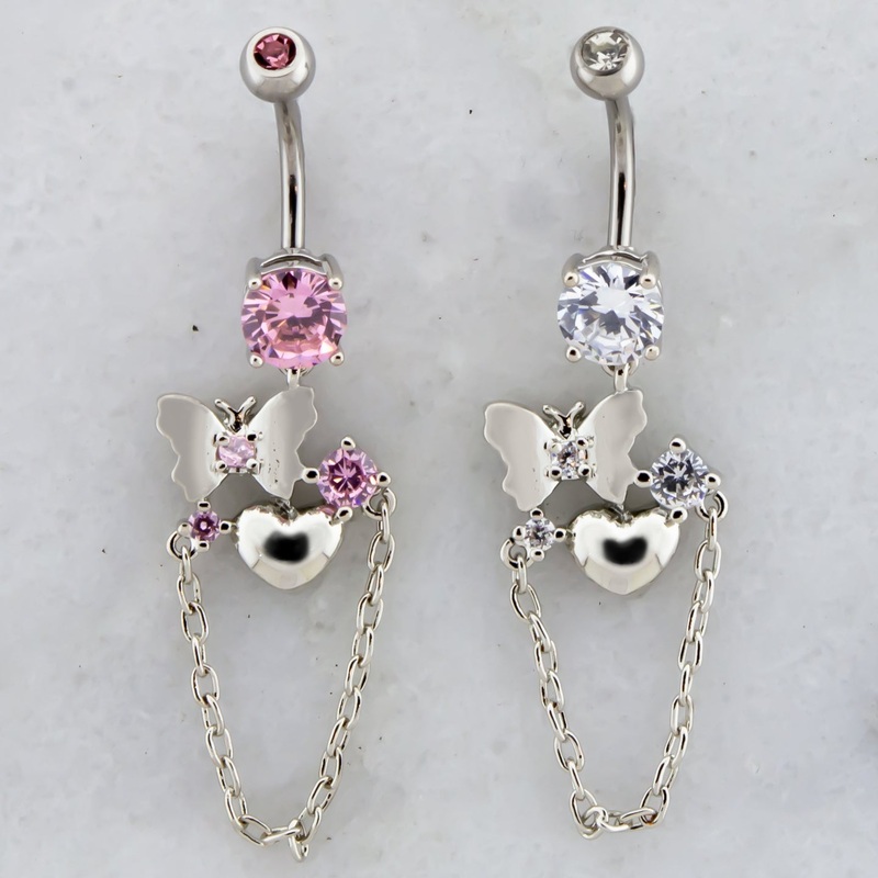 14G Butterfly, Heart and Chain Navel Ring Clear