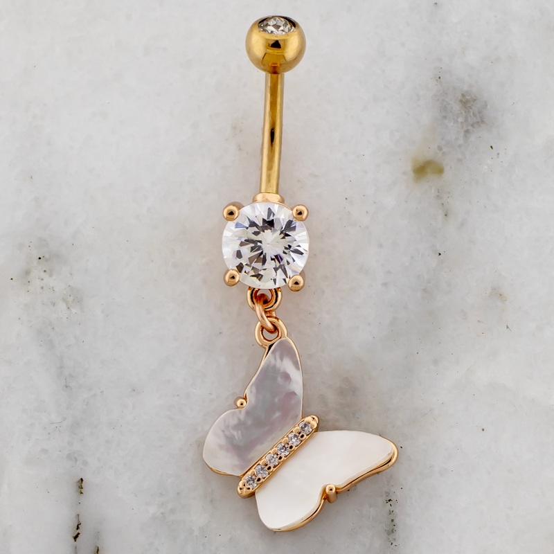 14G Butterfly Navel Ring With Shell Wings Rose Gold