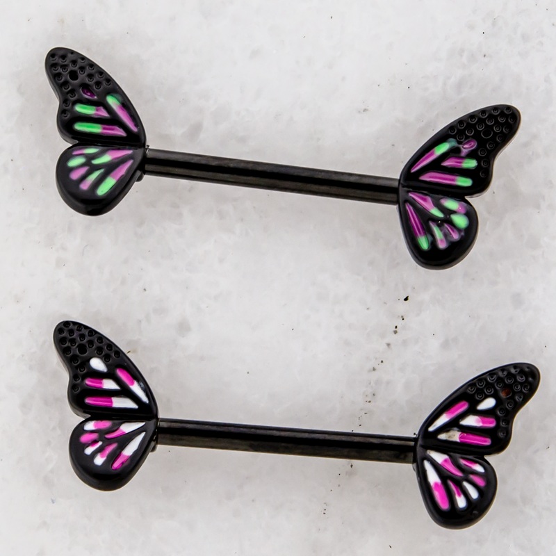 14G Butterfly Wing Nipple Barbell Pink/White
