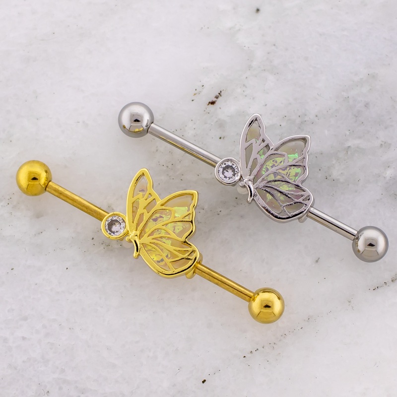 14G Butterfly with Iridescent Wings Industrial Barbell High Polish