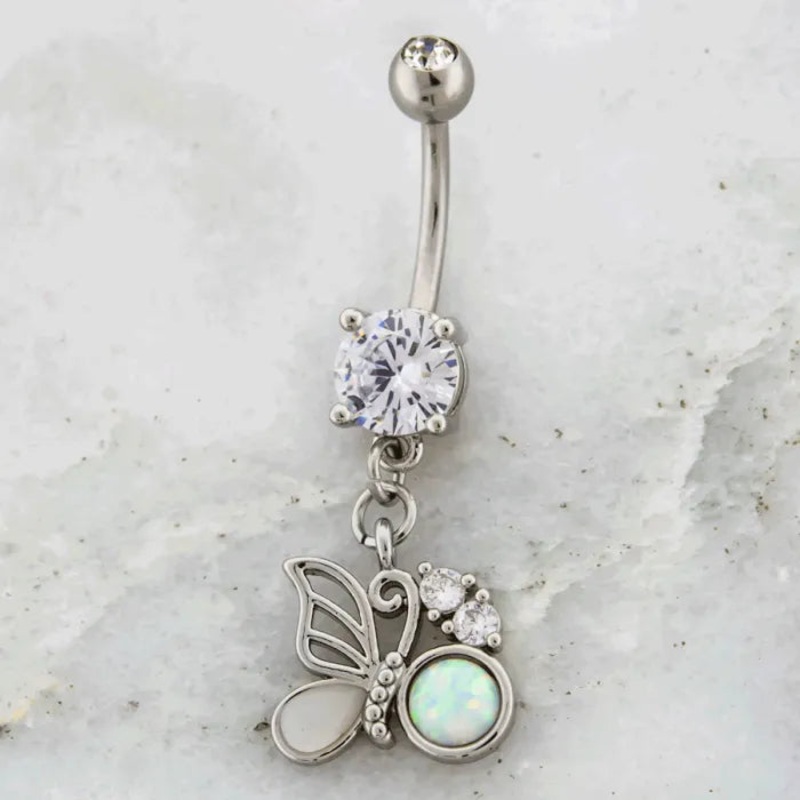 14G Butterfly With Opal Accent Navel Ring Clear