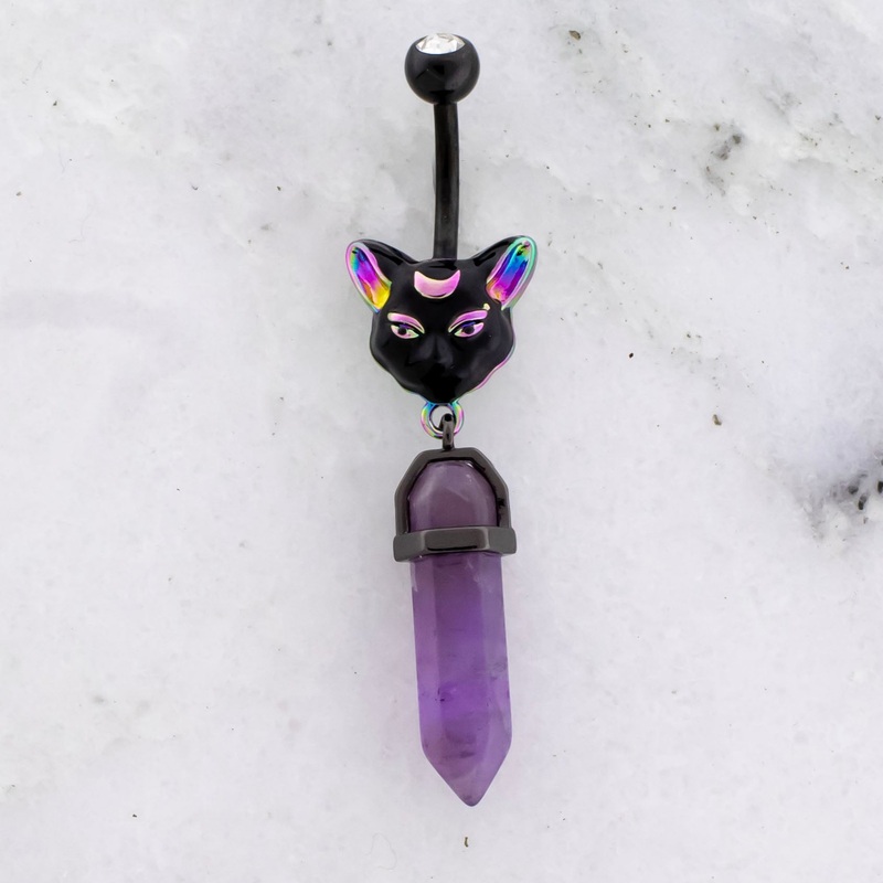 14G Cat With Crystal Navel Ring Black