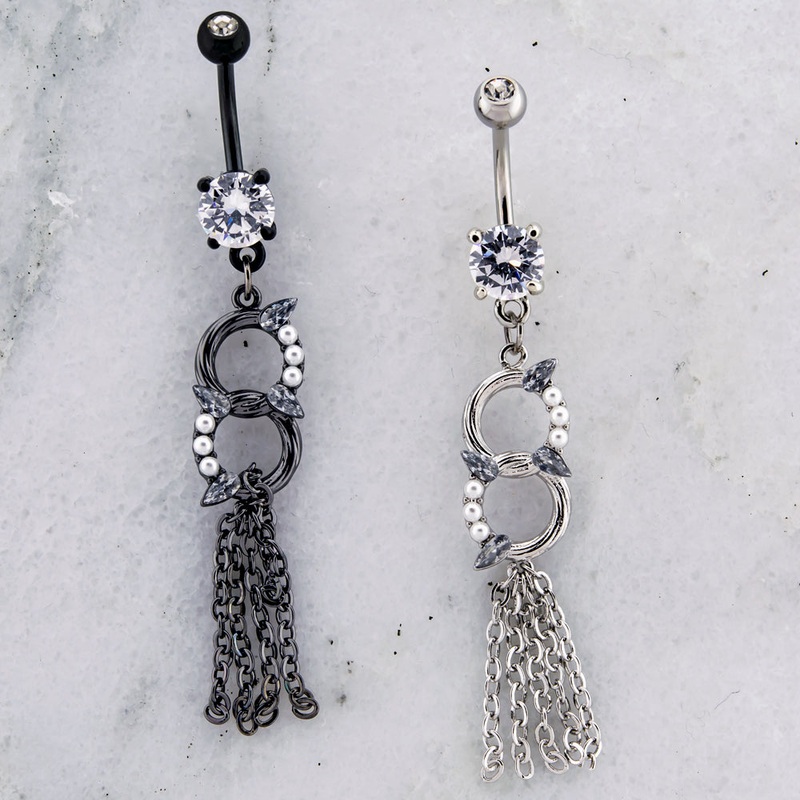 14G Chains With Pearl and Gem Accent Navel Ring High Polish