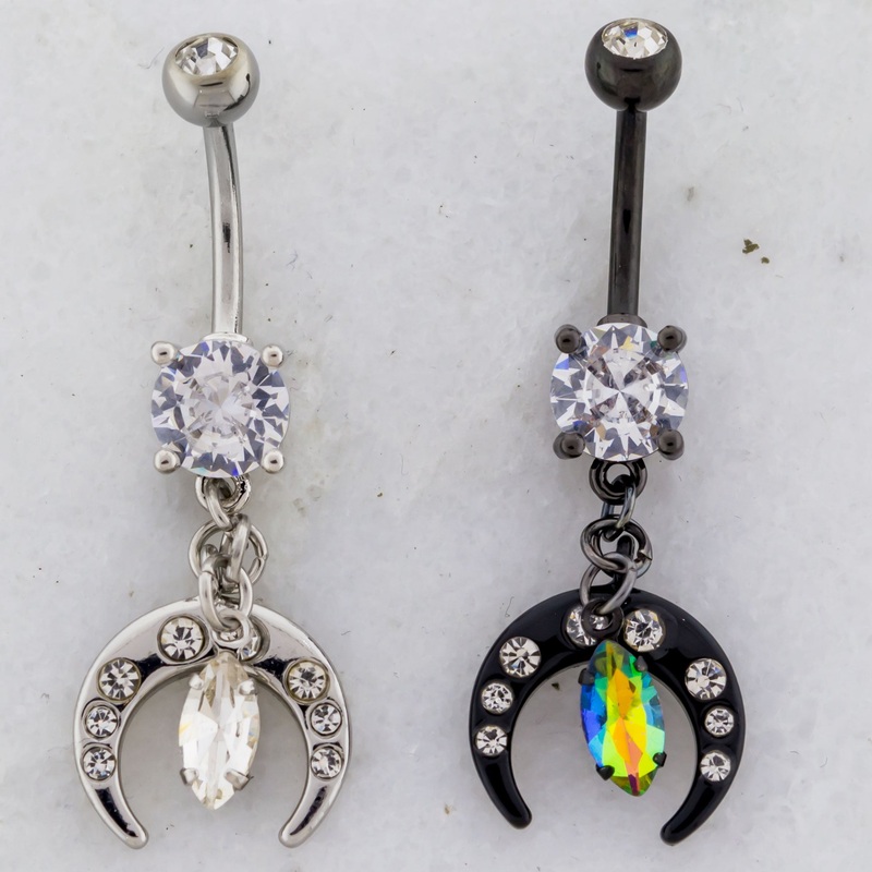 14G Crescent Moon with Gem Navel Ring High Polish / Clear