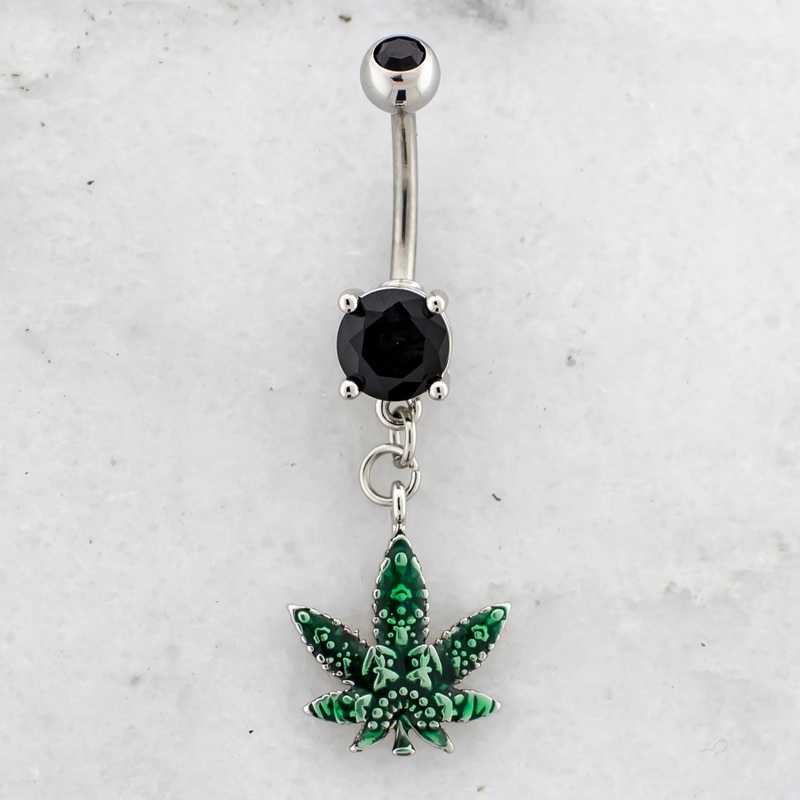 14G Decorative Pot Leaf Navel Ring Black