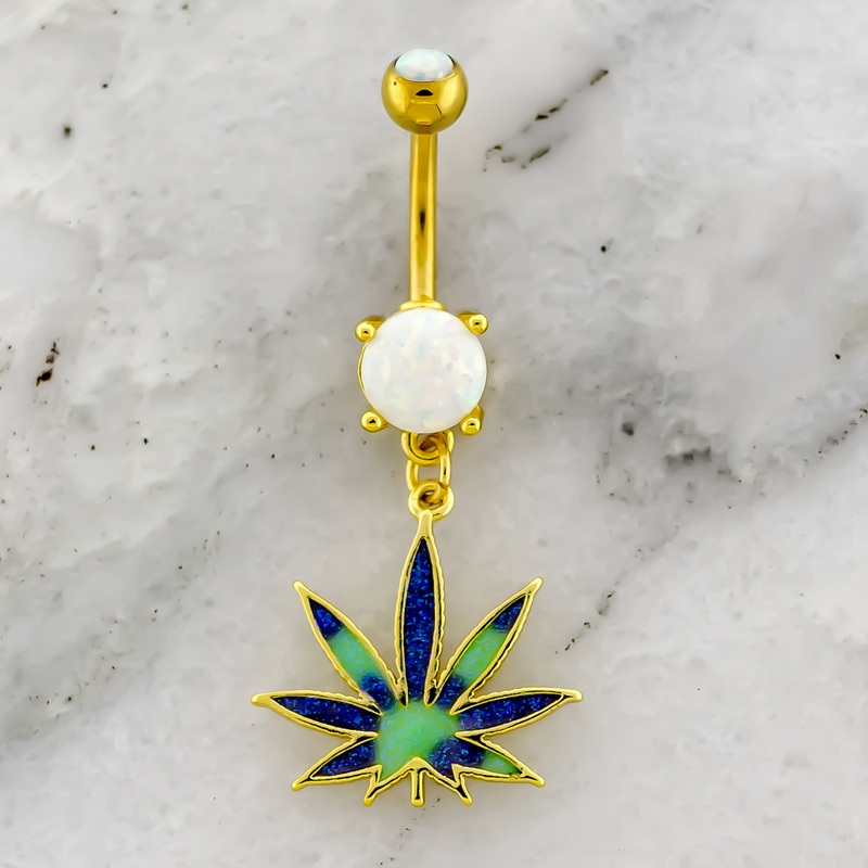 14G Enamel Pot Leaf Navel Ring Gold