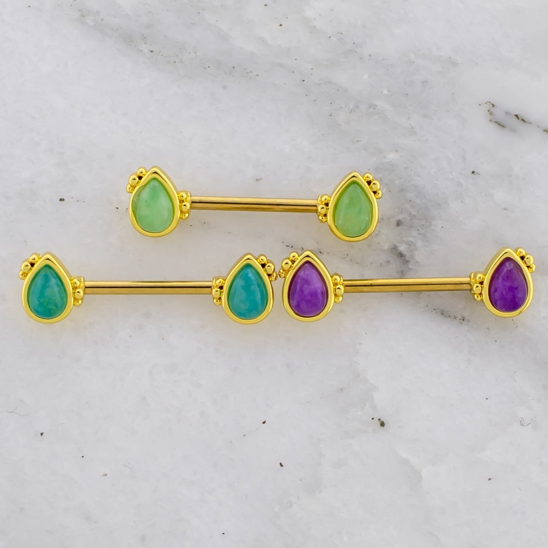 14G Faux Epoxy Stone Nipple Barbell Green Aventurine