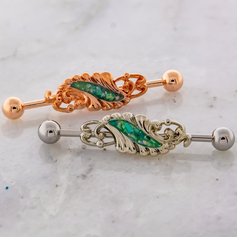 14G Filigree with Abalone Shell Inlay Industrial Barbell High Polish