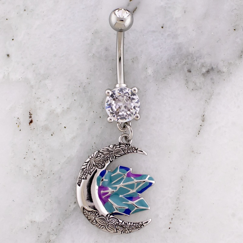 14G Floral Print Moon With Enamel Crystal Navel Ring Clear