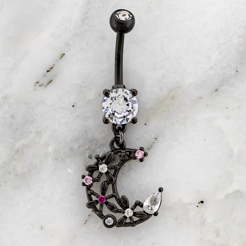 14G Flower Crescent Moon Navel Ring Black