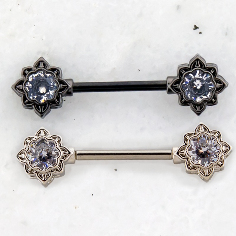 14G Flower Cut Gem Nipple Barbell Black