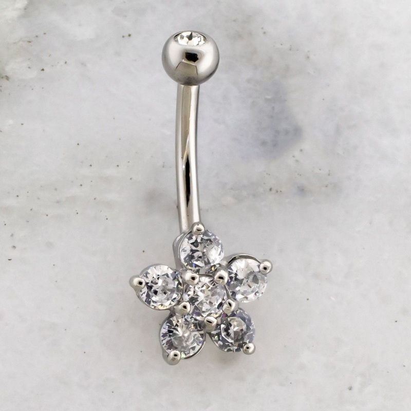 14G Flower Gem Navel Ring Clear