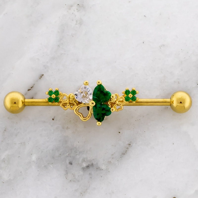 14G Gem and Cutout Clover Industrial Barbell Gold