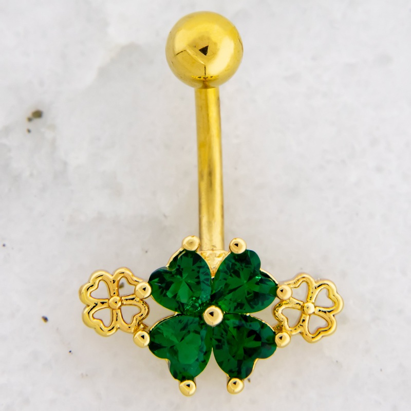 14G Gem and Cutout Clover Navel Ring Gold