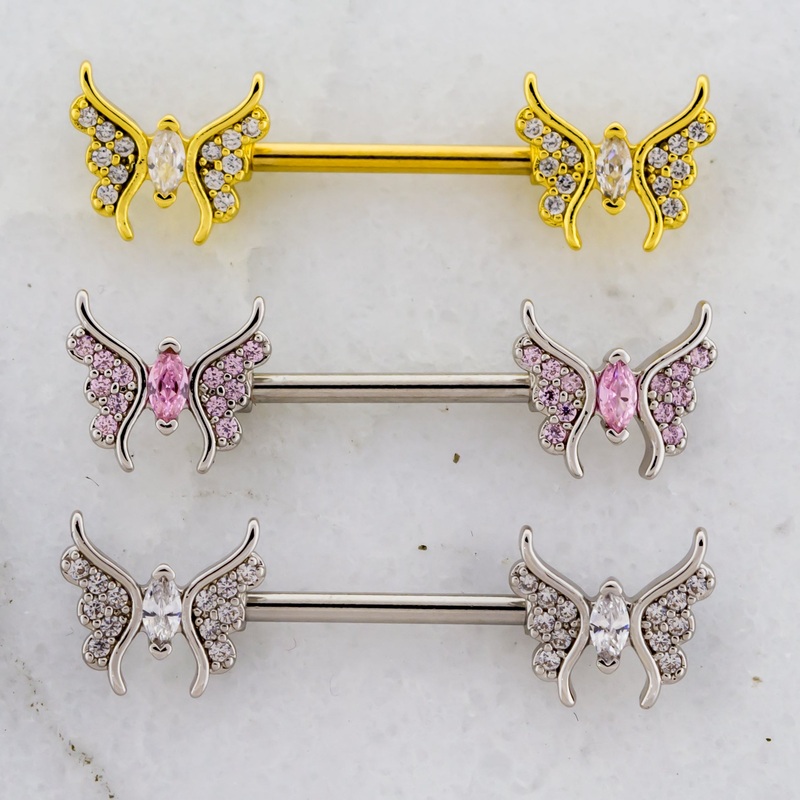 14G Gem Butterfly Nipple Barbell High Polish / Clear