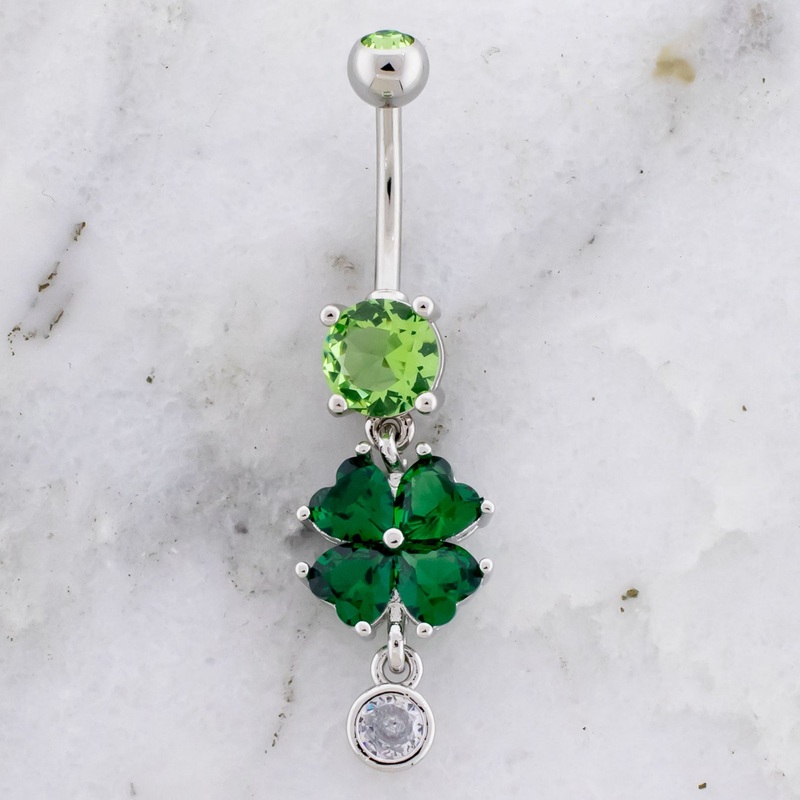 14G Gem Clover With Gem Dangle Navel Ring Green