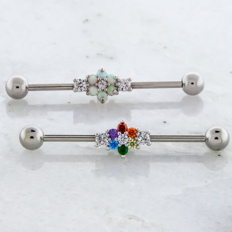 14G Gem Flower Industrial Barbell White Opal
