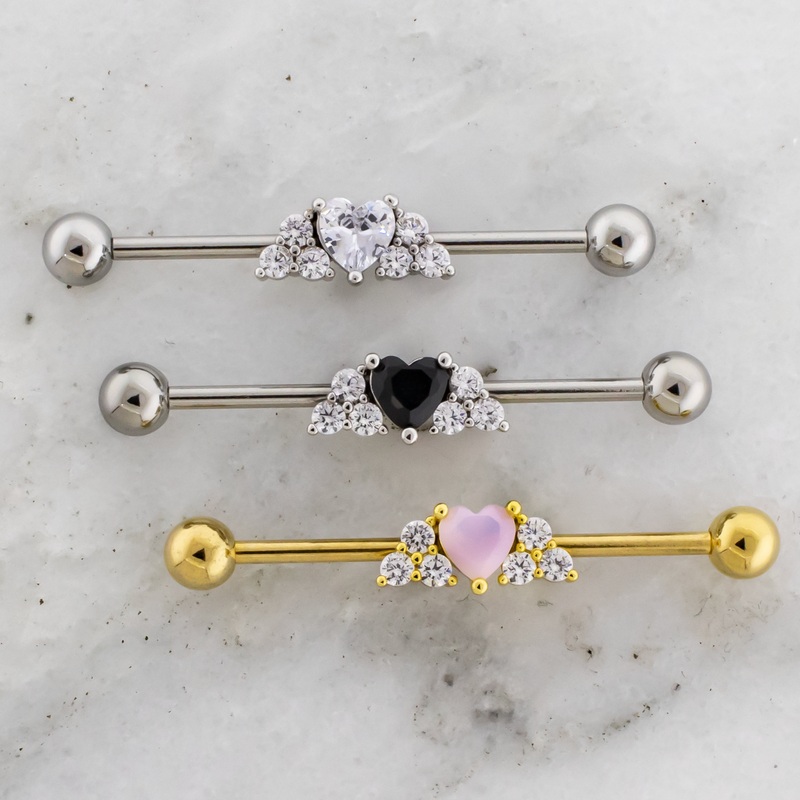 14G Gem Heart with Gem Trinity Clusters Industrial Barbell Gold / Rose Quartz