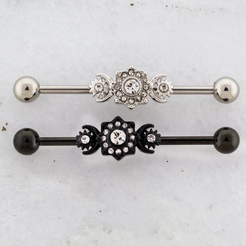 14G Gem Moon and Sun Industrial Barbell Black