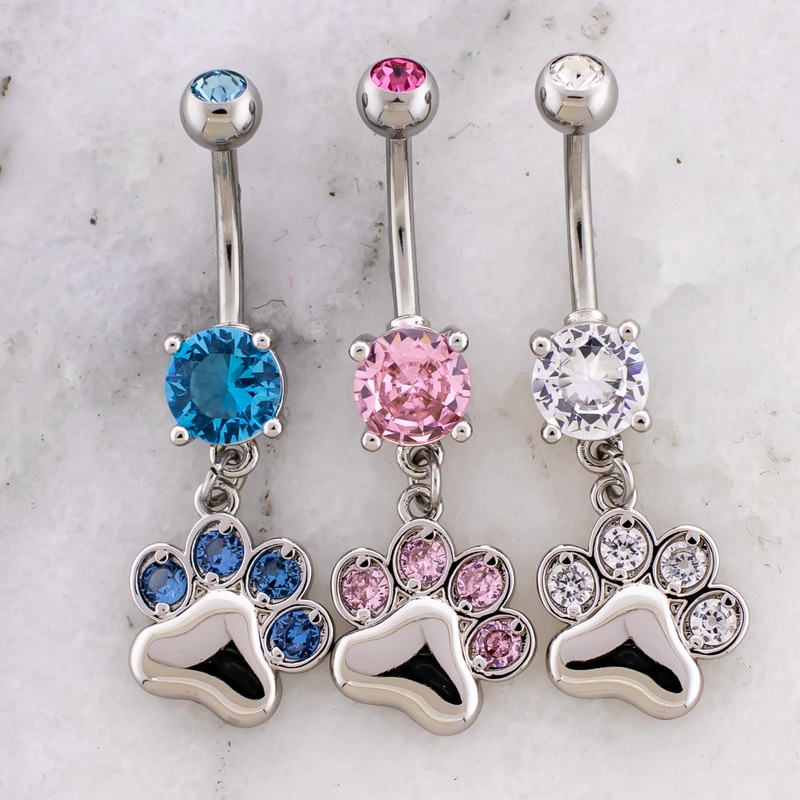 14G Gemmed Paw Print Dangle Navel Ring Clear