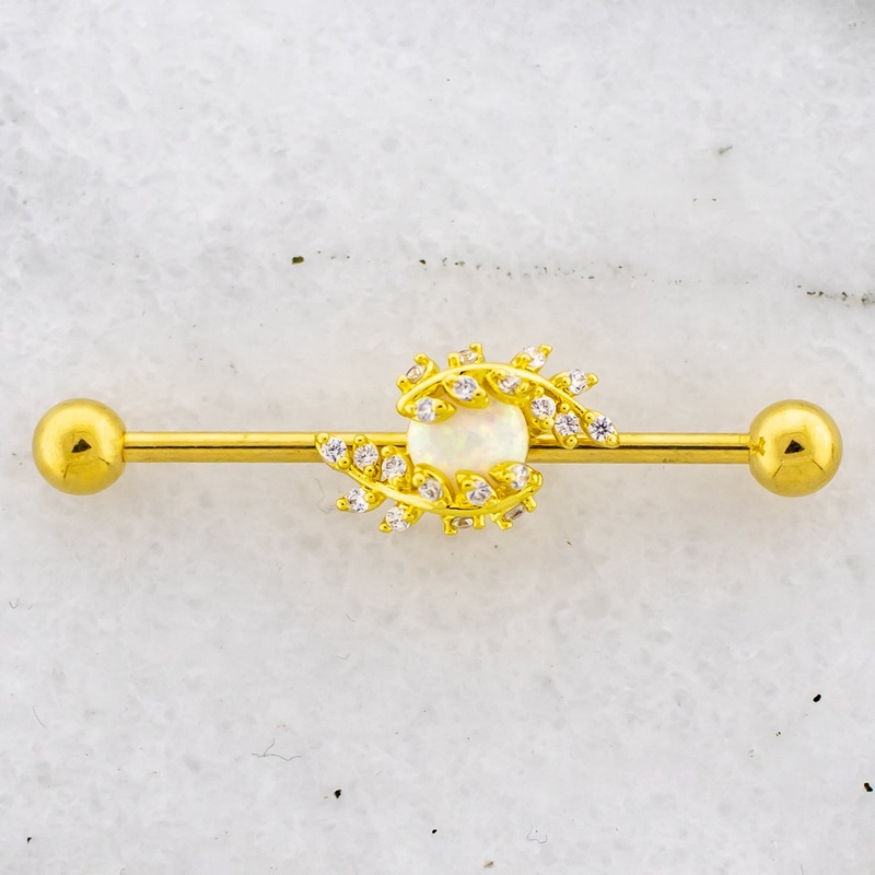 14G Gold Leaves With Center Opal Industrial Barbell Gold
