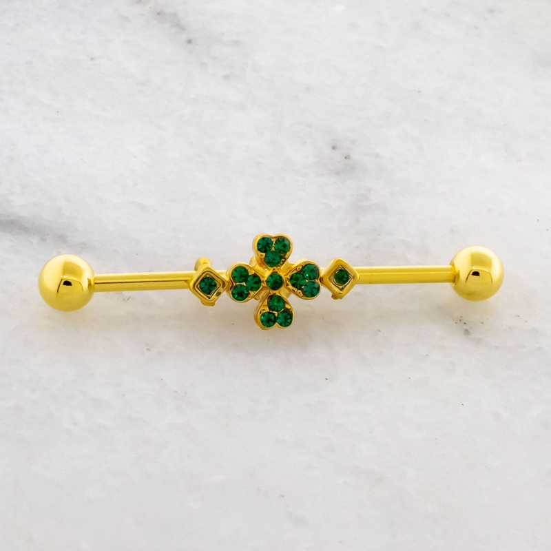 14G Gold Pave Clover Industrial Barbell Gold