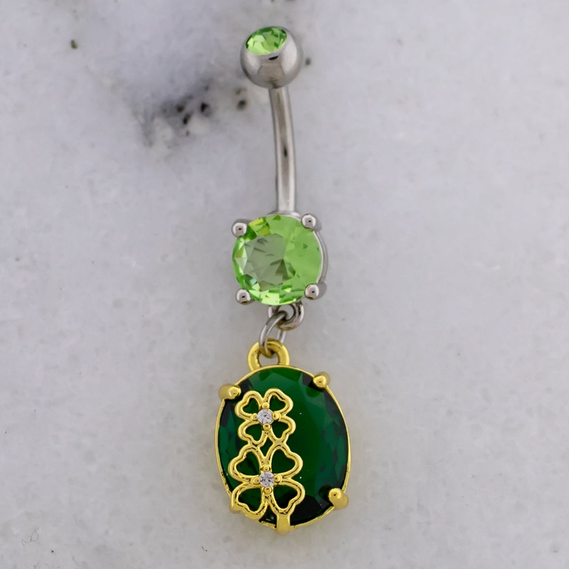 14G Green Gem With Clover Navel Ring Green