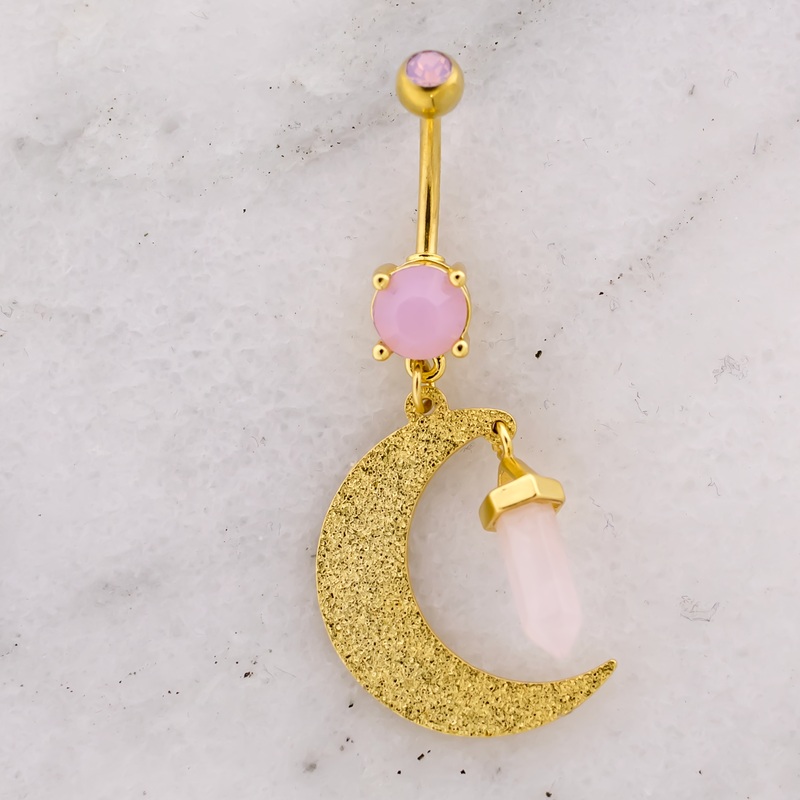 14G Hammered Crescent Moon With Crystal Navel Ring Rose Quartz