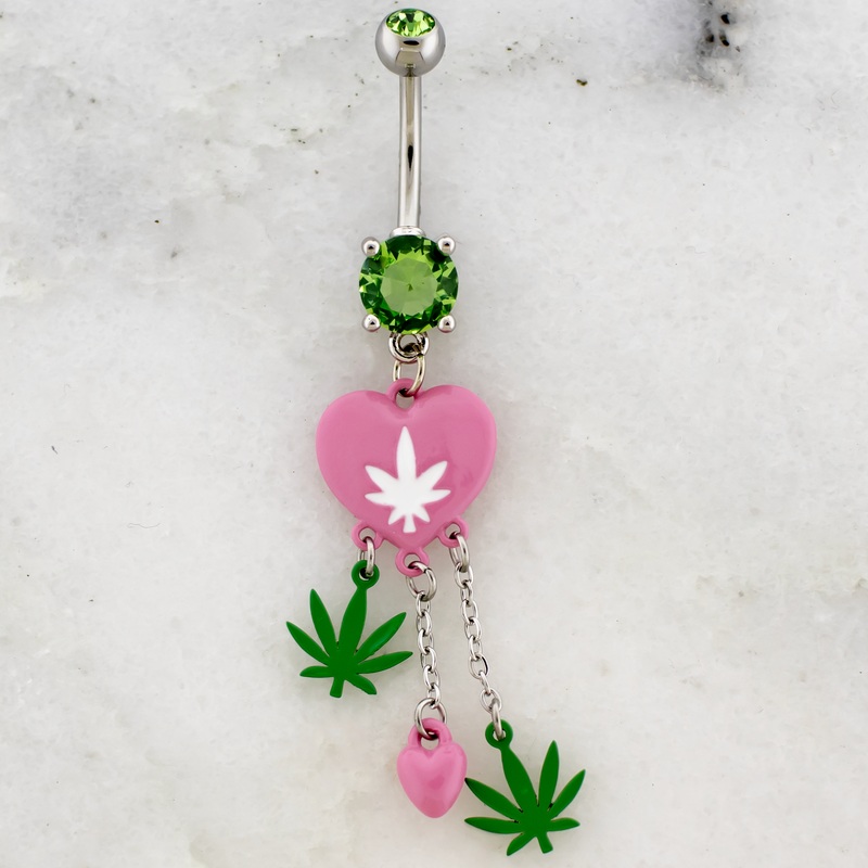 14G Heart Pot Leaf Dangle Navel Ring Green