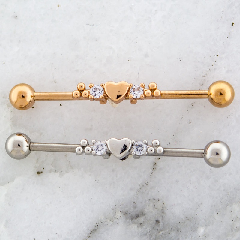 14G Heart With Beaded And Gem Accents Industrial Barbell High Polish