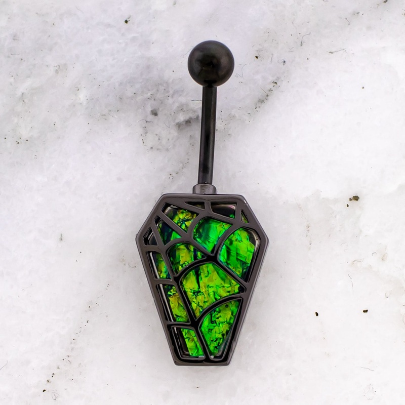 14G Iridescent Coffin and Spider Web Navel Ring Black