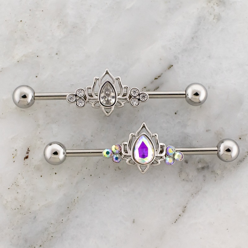 14G Lotus Flower With Gemstones Industrial Barbell Clear