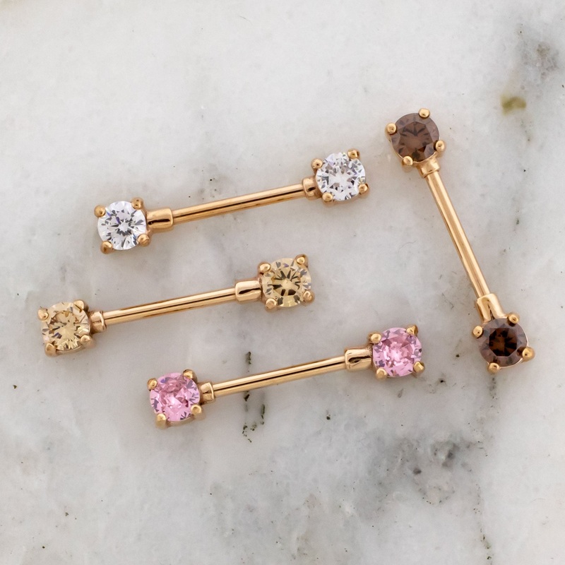14G Rose Gold Front Facing Gem Nipple Barbell Clear