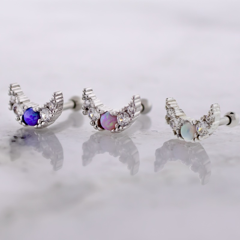 16G Gem Crescent Moon Cartilage Barbell White Opal