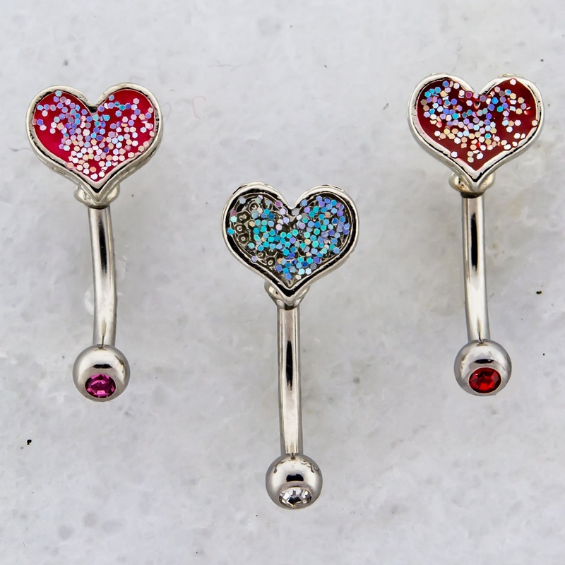 16G Glitter Heart Curved Barbell Clear