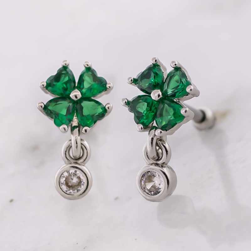 16G Green Gem Clover Cartilage Barbell Green
